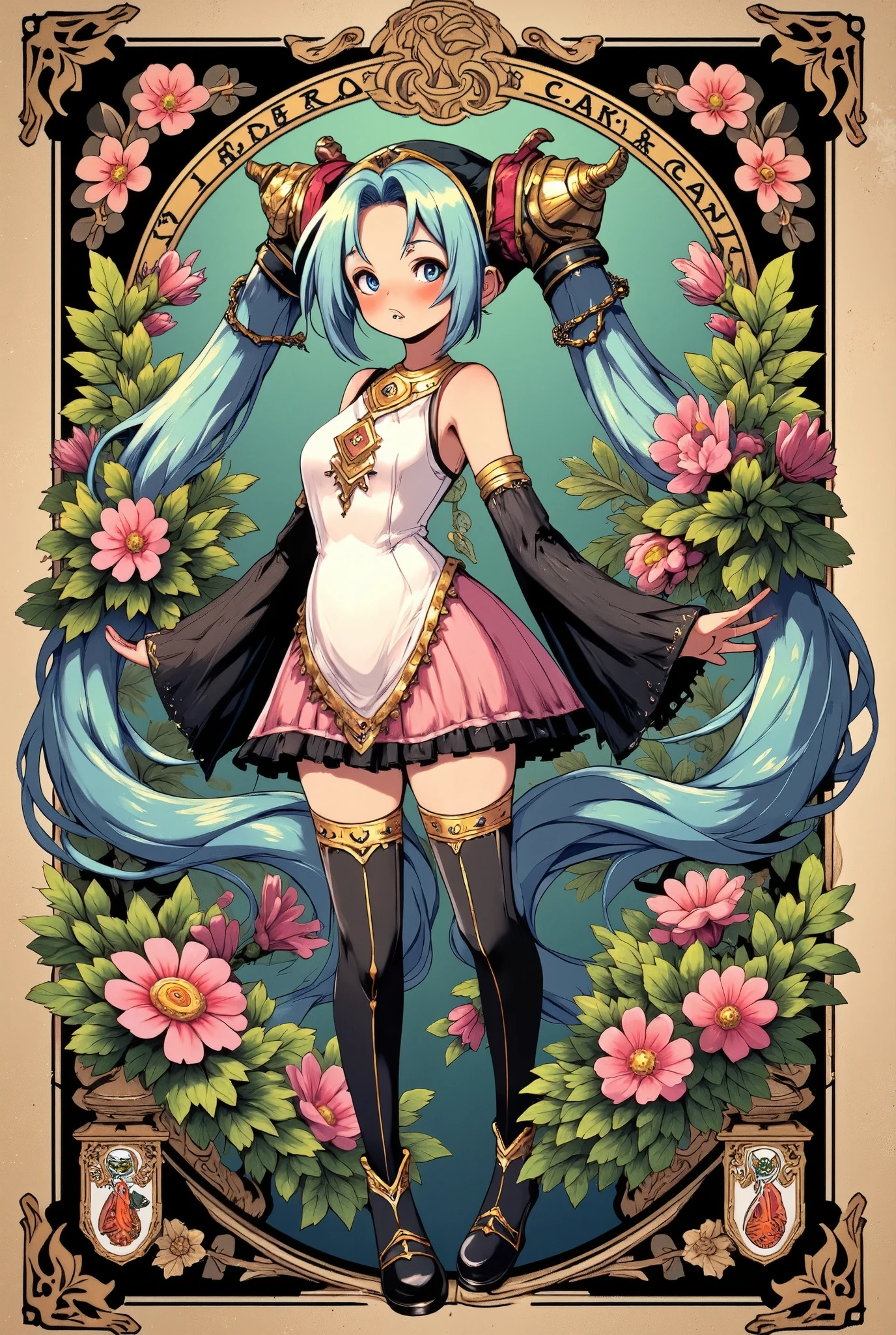 (masterpiece、Best Quality、Best Quality、Official Art、Beautiful and beautiful:1.2)、(One person:1.3)Hatsune Miku、Twin tails,Beautiful breasts,Tarot Cards、masterpiece、Please redeem、Amazing details、Detailed Background、Line art、Written boundary depth、Flat Shading、Musha style、Art Nouveau、(Bound by chains of plants:1.3)、(Flower Art、Surrounded by lots of plants:1.2)、Wearing a majestic dress from the fantasy world、Vintage Color、colorful、Anatomically correct、Slim figure、Thick thighs、Hollow Eyes、Anguished expression、Perfect Face、Pastel blue hair、Long Hair、Embarrassing、She is blushing