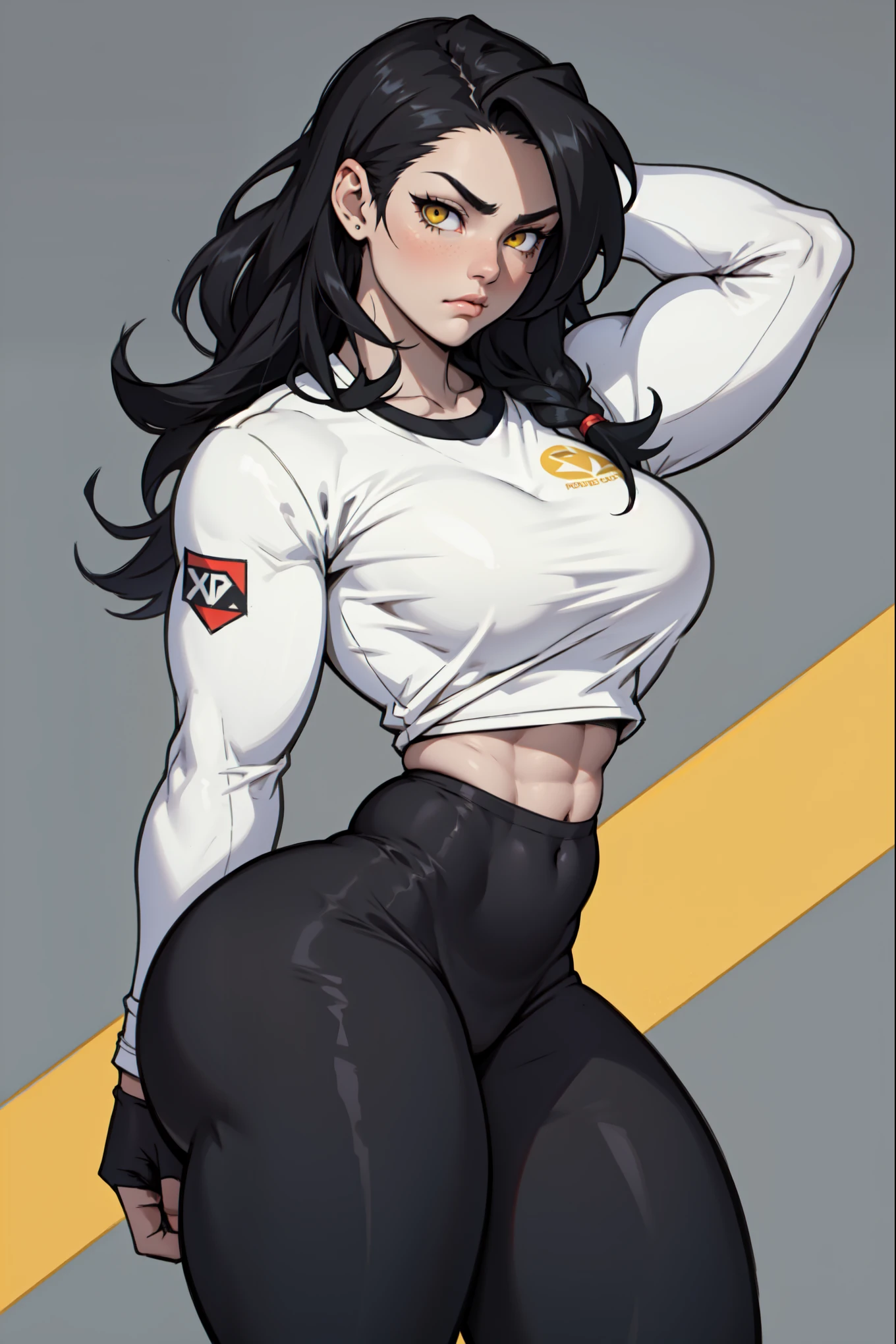 girl 1girl pale skin ((muscular)) toned body thick thighs black hair yellow eyes long hair grey background bodybuilder black leggings tight long sleeve baseball t-shirt sad