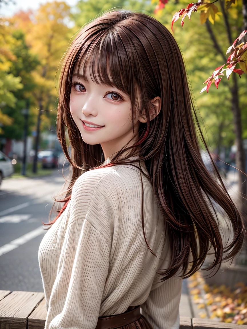 Ultra-high resolution CG Unity 8K wallpaper, Best Quality、((Brown Hair、Girly Hair: 1. 5)), ((Red eyes:1.3)), ((Droopy eyes:1.5)), ((smile:1.4)),  ((Image Processing Algorithms：1.2))、Highly detailed eyes, Beautiful and vivid RAW photos、High Contrast、Color tone correction、Accurate Fingers, Anatomically correct, 
break、
Autumn outfit、autumn leaves、Autumn breeze、