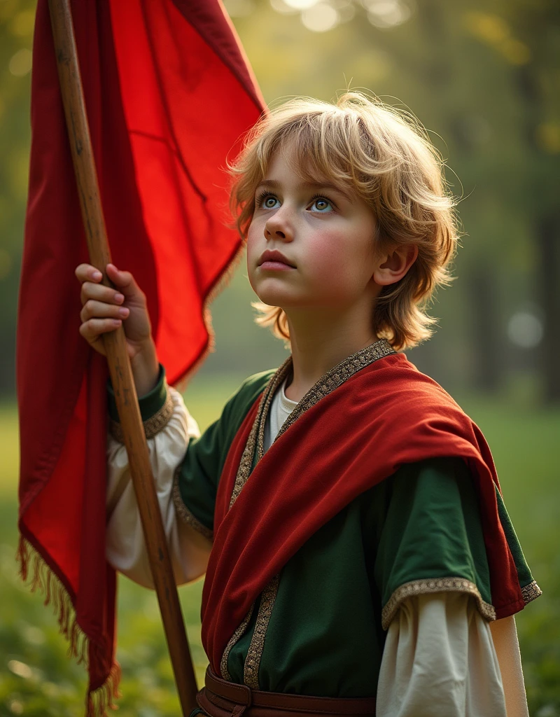 Mucha, front, portrait, boy with blond medium long hair, outdoors, backlight, soft light, medieval, France, holding red flag, looking up, red, blue, white, trousers