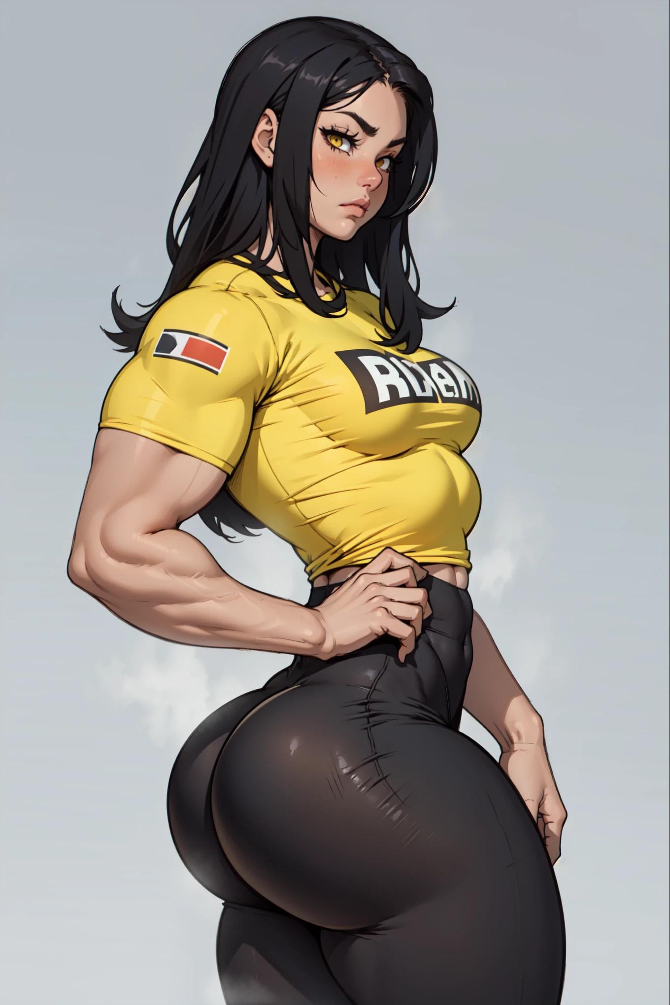 squatting huge ass muscular girl black hair yellow eyes skirt high heels