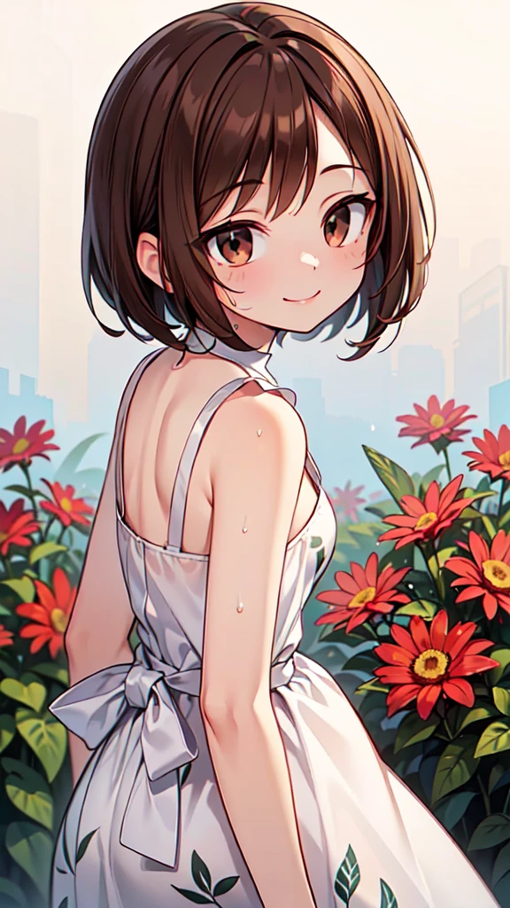 1,000,000、１People Women、24 years old、(Brown hair short cut)、Wet Hair、Beautiful brown hair、Keep your head small、Perfect Face、Shiny skin、Clear brown eyes、A little chubby、Small breasts、The butt is small、(((Teasing Smile)))、
Ultra-high resolution 、8k、Super detailed, Super detailed, Best Quality, Delighted, Flowers in the garden, With the Shooting Star, midnight、Amazing panoramic views、
(She feels good surrounded by flowers、Botanical print long dress、Indicates the angle from head to waist)