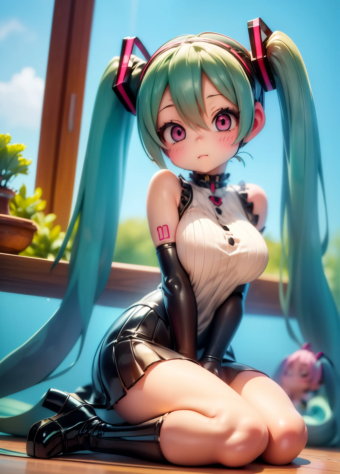 outside　While everyone is watching　vaginal insertion　open your legs　slave　Hatsune Miku,, Turtle shell binding, very big breasts 　　Completely naked　chained by a collar　Ahegao, Full body covered in semen　 While crying　Pissing