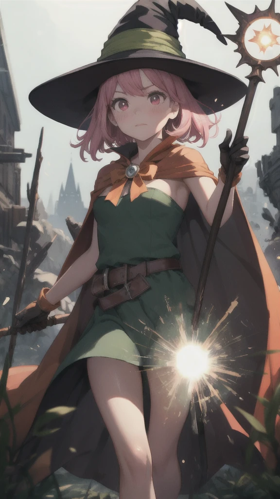 AS-YoungV2,
(8k,  masterpiece, Best Quality, High resolution), Fantasy,
Cute face, Cute, Very big eyes, Aesthetic anime eyes, Small Face,
Wizard \(dq3\),
short hair, Pink Hair, Red eyes, Large Breasts,
witch hat, gloves, Green Dress, Orange Cape,
staff,
witch,
Contempt, 
battlefield, Finding, Casting a Spell,
Particles of light,
wasteland,
One girl, Alone,