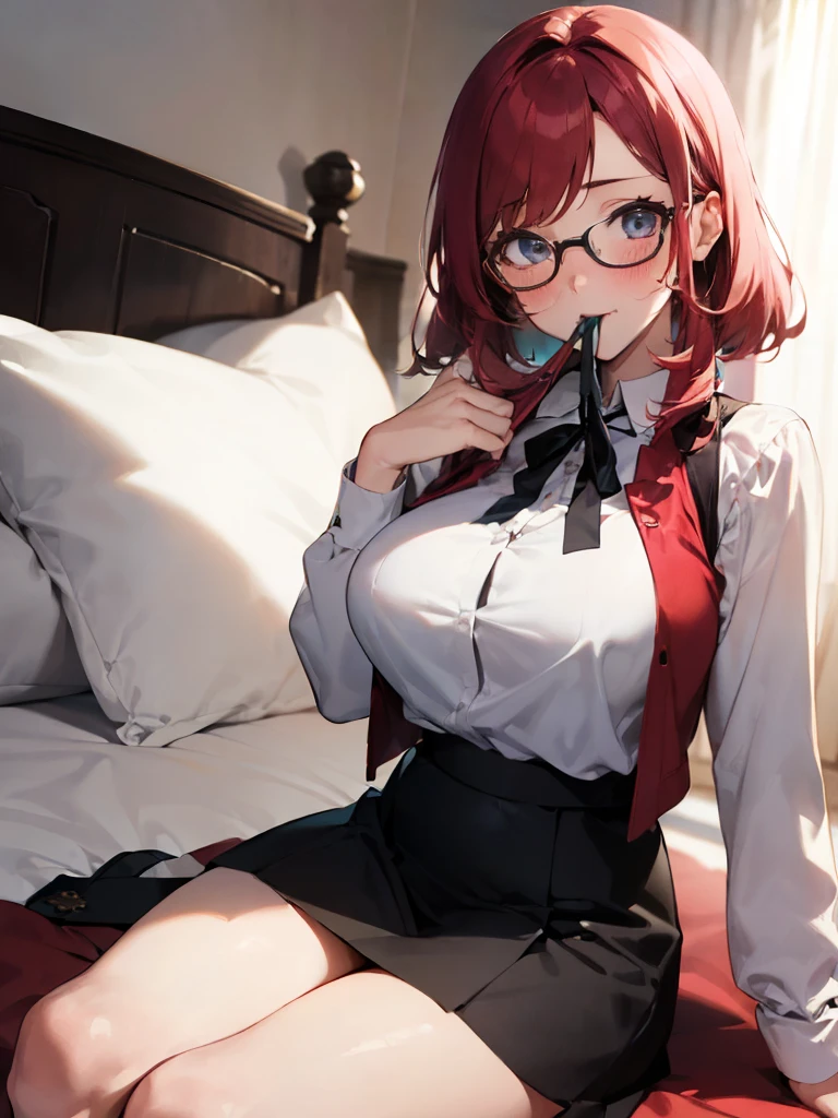 ((Anime Style))、Upper Body、Redhead、(woman１people)、若いwoman、beautiful長い脚、beautiful体、beautiful鼻、Perfect Eyes、Perfect Face、Perfect Legs、Perfect balance、(beautiful、Large Breasts:1.4)、large ass, medium thighs, (beautiful顔:1.5)、(Narrow waist)、Perfect lighting、colorful、Bright front light、Glowing Skin、 (masterpiece:1.0)、((High resolution))、((Best Quality))、((4K))、(Normal hand)、(Anatomically correct hand)、(Accurate hands)、(Accurate feet)、break、Side Lock、Red vest、mini skirt、break、Black Skirt、Long sleeve、Glasses、break、(On the bed)、(On all fours), break、pretty face, mouth open, blush, eye wrinkle