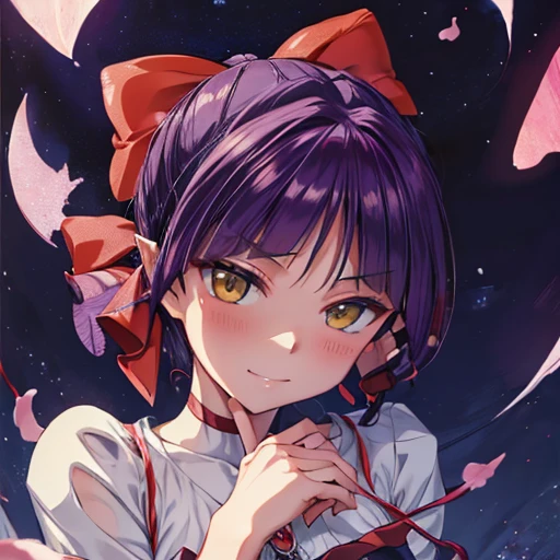 {{{masterpiece}}}, {{{best quality}}}, {{ultra-detailed}}, {illustration}, {{an extremely delicate and beautiful}}, extremely detailed CG, best quality, detailed, super detailed anime,((anime colored)),((Noise Reduction)),(1girl),((nekomusume)),purple hair, yellow eyes,red bow,pointy ears,blush,smirk,(fucked silly),