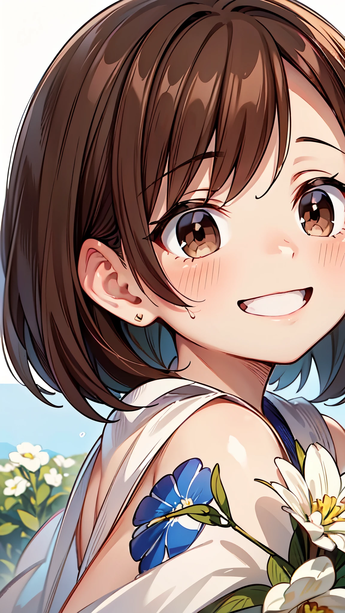 1,000,000、1People Women、24 years old、(Brown hair short cut)、Wet Hair、Beautiful brown hair、Keep your head small、Perfect Face、Shiny skin、Clear brown eyes、A little chubby、Small breasts、The butt is small、(((A big smile)))、
Ultra-high resolution 、8k、Super detailed, Super detailed, Best Quality, Delighted, Flowers in the garden, With the Shooting Star, midnight、Amazing panoramic views、
(She feels good surrounded by flowers、Botanical print long dress、Close up of face)
