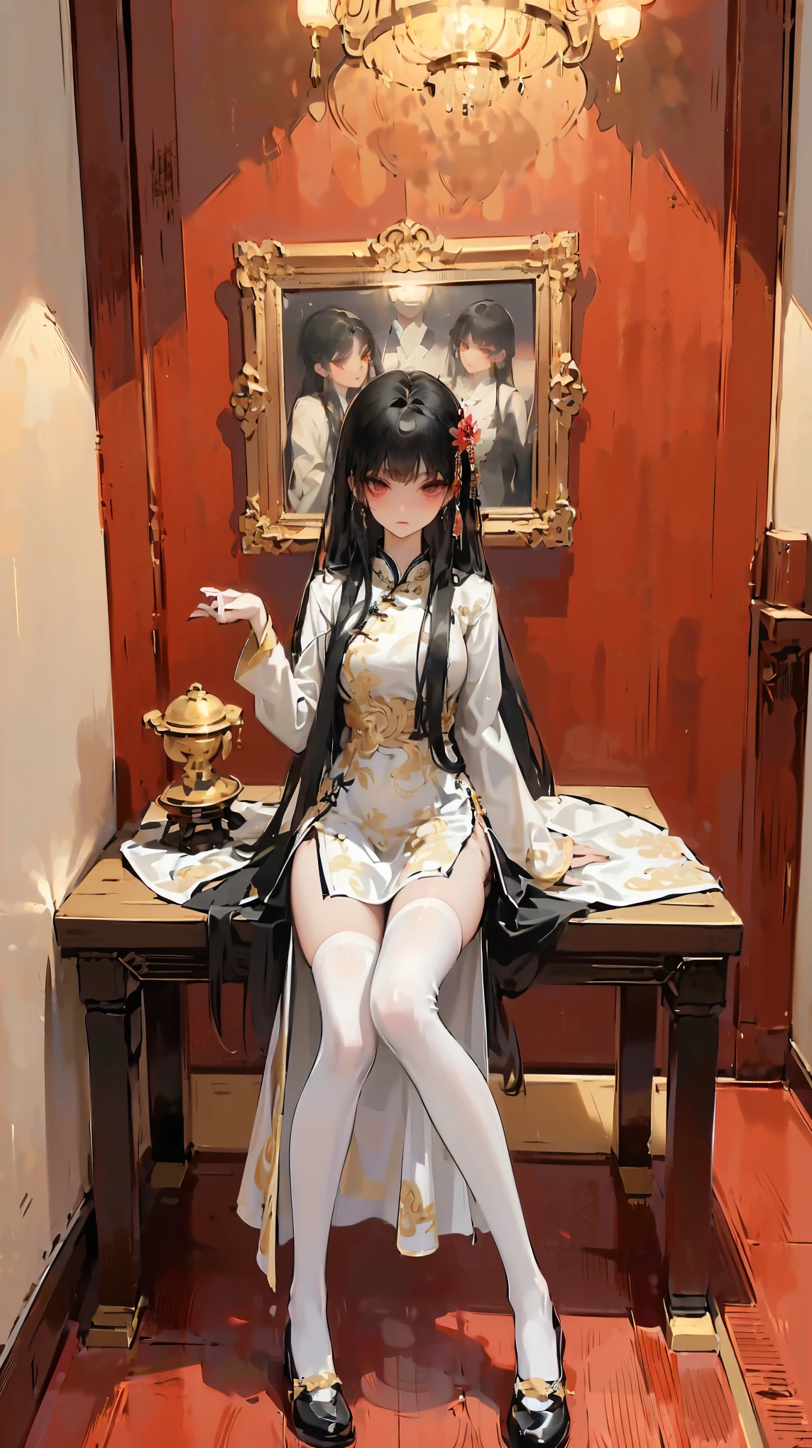 Professional Lighting, ((Red Chinese Dress)),((long hair),((black hair)),1girl,((1 female model)), full body shot, (golden accessories), (sitting pose), (2D), (Slender), long straight hair with full bang, Tradition Chinese wedding dress.