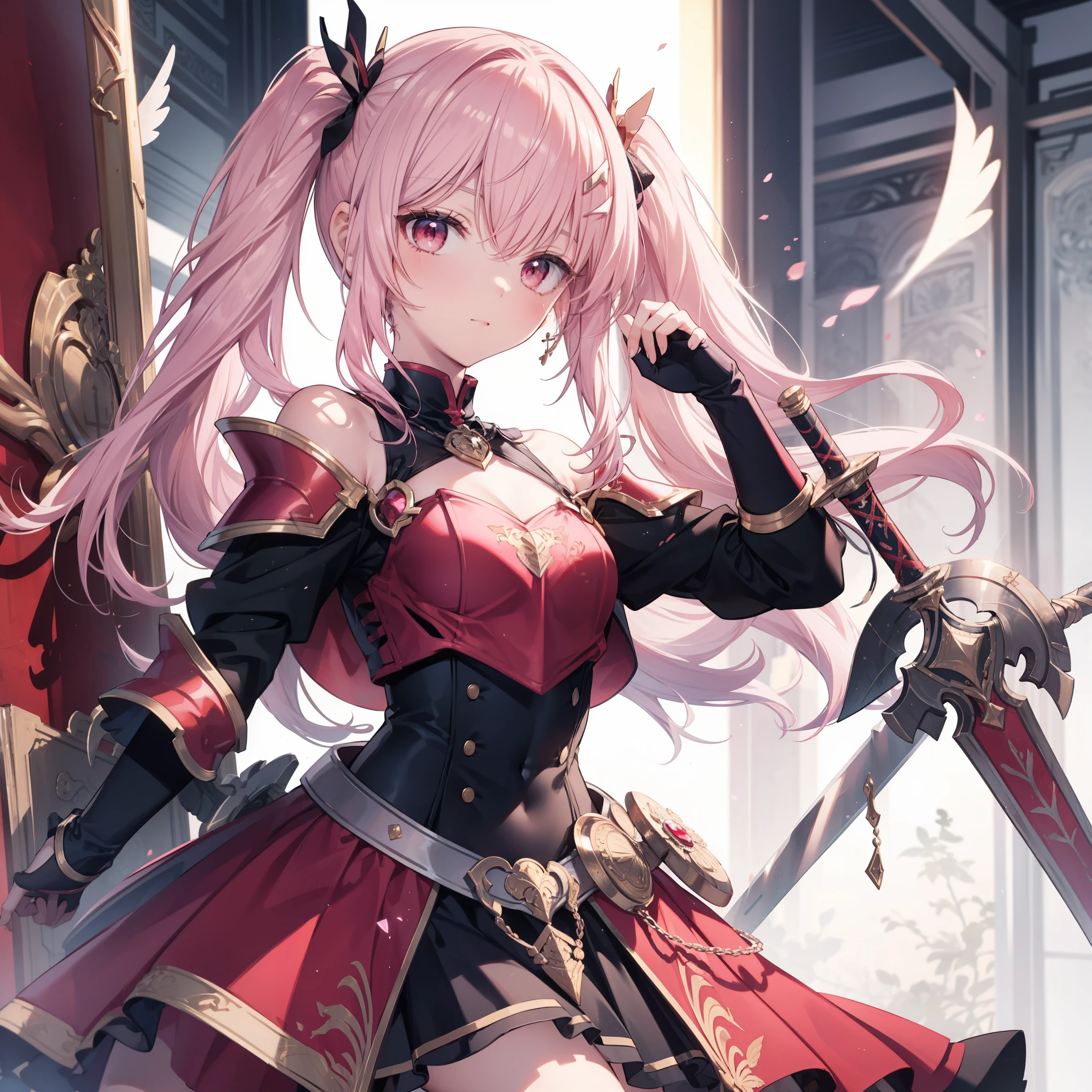 High image quality, masterpiece, Delicate Hair, Delicate eyes, Delicate Hair, ((masterpiece, 最High image quality)), High image quality, masterpiece, Delicate Hair, Delicate eyes,(Photo Original),One Girl, Description of the whole body,((pink)),beautiful girl, ((pinkのLong Hair)), Twin tails, ((Red eyes)), (Angel Wings), Realist, face, Small breasts, ((Crimson Armor Dress)), ((Off the shoulder)),((sword and shield)), Red Gauntlets, bare shoulders, Detailed red armor、gem、Bustier、Red Skirt, mini skirt, that'So ridiculous, Short Strap, Written boundary depth, High resolution, Very detailed,student, Sharp focus, Cinema Lighting, Daikon,Long Hair,(loose Long Hair),Upper Body,Ruins,Strong Shadows,Ash,((Ink wAsh painting)),((ink splAshing)),((color splAshing))