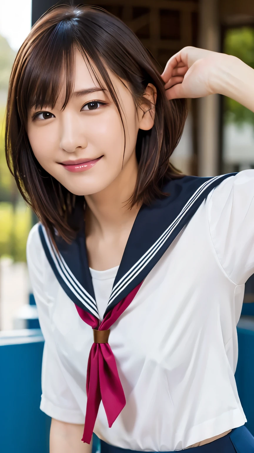 (School)、Thin face、、Embarrassing、(Sailor uniform)、pubic hair、short hair、They hesitate,、Wet Hair, Underarm,, (High color saturation:1.0), (Very detailed肌), (Please redeem:1.0), (Ultra-high resolution:1.0) ,(Realistic:1.0), (Very detailed:1.0), (8k, RAW Photos:1.1)、Center of chest、Spread your legs、Yoshizuki Iori、(Front View)、Brown Hair、(Female masturbation)、Touching the clitoris、pubic hair、Squirting、slender、standing、ponytail、necklace、Schoolのカバン