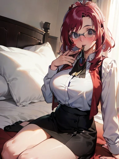 ((Anime Style))、Upper Body、Redhead、(woman１people)、若いwoman、beautiful長い脚、beautiful体、beautiful鼻、Perfect Eyes、Perfect Face、Perfect Legs、Perfect balance、(beautiful、Large Breasts:1.4)、large ass, medium thighs, (beautiful顔:1.5)、(Narrow waist)、Perfect lighting、colorful、Bright front light、Glowing Skin、 (masterpiece:1.0)、((High resolution))、((Best Quality))、((4K))、(Normal hand)、(Anatomically correct hand)、(Accurate hands)、(Accurate feet)、break、Side Lock、Red vest、no tie, mini skirt、break、Black Skirt、Long sleeve、Glasses、break、(On the bed)、(On all fours), break、pretty face, mouth open, nothing in mouth, blush, eye wrinkle