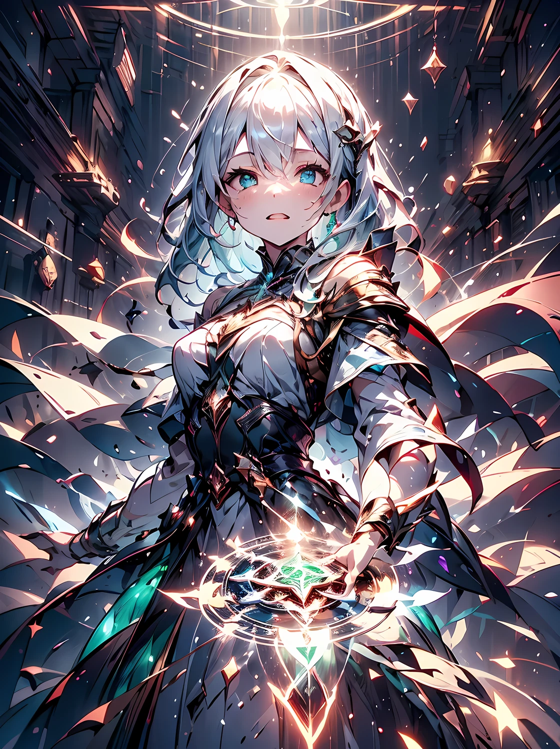 cinematic lighting, bust chart, first-person view, UHD, (((masterpiece, textured skin))), (super detail), high details, high quality, ((best quality)), 16k, Draw a large magic square in the background, glowing emerald green, A girl floating in the air, silver hair, long and lush, spreading out as if blowing up from below, ((Close her eyes)), concentrate, Open the spellbook, (spellbook), Light effect, thunderbolt