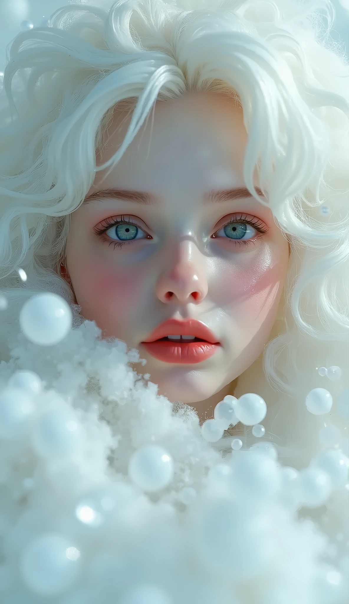 Hyperrealistic、Realistic、、Realistic photos、A woman emerging from the pure white foam、Russian girl、albino、Fronde、Foamy hair、grin:0.1、(((Red cheeks and nose:0.1)))、Bubbles Background