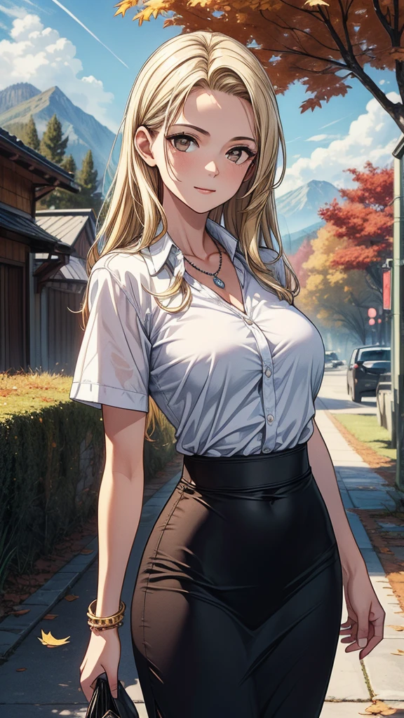 female bodybuilder, blonde hair, blue eyes, huge breasts, medieval outfit, farm environment, landscape, white blouse, cleavage, bare arms,
