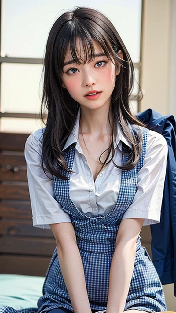 masterpiece, Please redeem, Ultra-high resolution, (Photo-realistic:1.6), One Girl,  (Round face:1.3),(Gingham check suspender apron:1.3), (Plain Blue High Waist Skirt:1.3), (Apron over skirt:1.2), (White blouse:1.3), (Double-breasted,Underbust:1.2), Short sleeve, Button gap, (Plain blue night tie:1.2), , Beautiful body, Normal chest, Beautiful thighs, Beautiful legs, Camel Toe, (Smooth Skin:1.1), Sexy pose, (Chest:1.2), Cafe, restaurant,Cleavage、slouch、Large Breasts、Slouch pose、On all fours