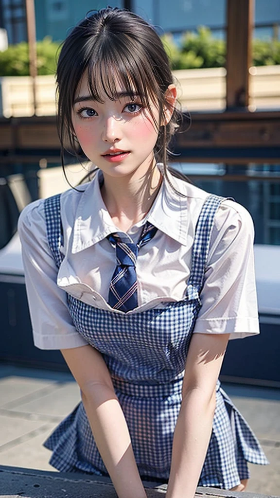 masterpiece, Please redeem, Ultra-high resolution, (Photo-realistic:1.6), One Girl,  (Round face:1.3),(Gingham check suspender apron:1.3), (Plain Blue High Waist Skirt:1.3), (Apron over skirt:1.2), (White blouse:1.3), (Double-breasted,Underbust:1.2), Short sleeve, Button gap, (Plain blue night tie:1.2), baby face, Beautiful body, Normal chest, Beautiful thighs, Beautiful legs, Camel Toe, (Smooth Skin:1.1), Sexy pose, (Chest:1.2), Cafe, restaurant,Cleavage、slouch、Large Breasts、Slouch pose、On all fours