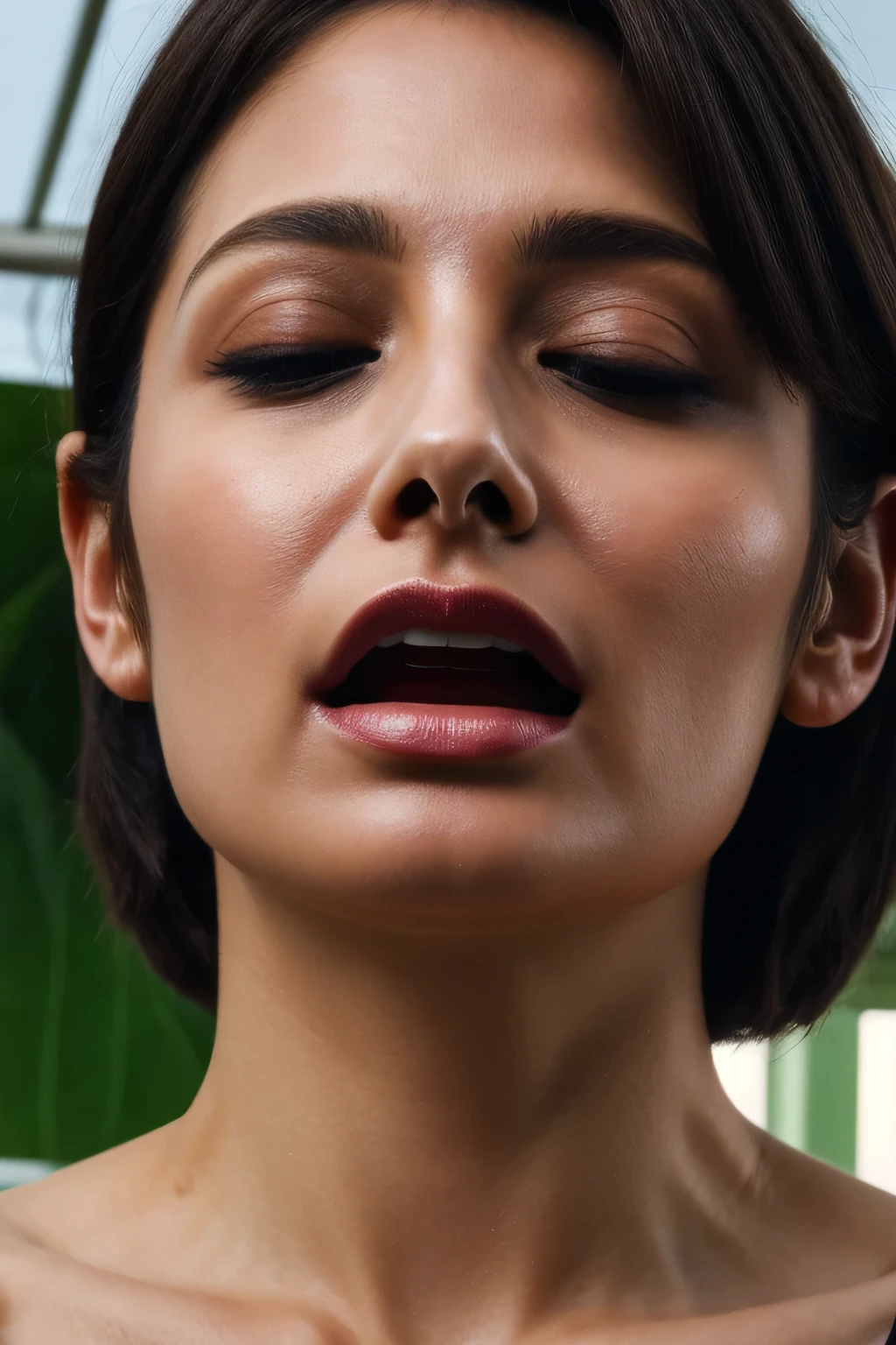 retina, anatomically correct, textured skin, highres, UHD, 8k, スーパーorgasm, Woman with open mouth and closed eyes , Skin shiny with sweat、Sharp focus on face、From below、Lighting that highlights shiny sweat{{{orgasm:1.5 }}}, Black-haired、Please be careful when browsing、,nsfw,(:1.3) ,(Final:1.2),(Vulgar:1.3),(steam:1.1),(Wet:0.8),(trembling:0.8),(tears:0.7) ,(Drooling:0.6),(sweat:0.8),((Face close-up))Glossy skin with ultra-realistic details((Real human skin))(Small head),Bright light,Beautiful Japanese Women(Sharp focus on the eyes, Nose and mouth)In the greenhouse,(Frowning, Raise your eyebrows, Half-open, Grimacing, shout)((Symmetrical nostril shape))((Feminine slim neck))hyper realistic detail shiny skin,No hair in the face,Beautiful Japanese Actresses,