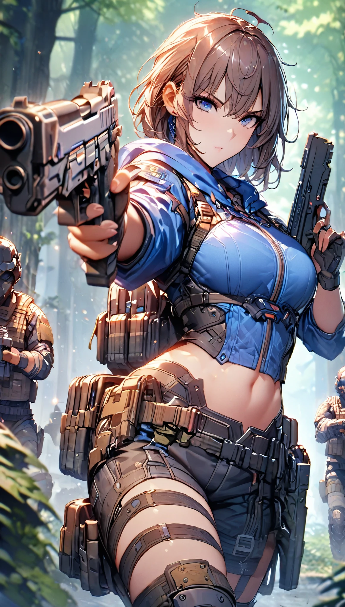 (masterpiece),(Best Quality),(High resolution),(Very detailed),One Woman,4,Mature Woman,Japanese,,short hair、Beautiful Eyes,Long eyelashes,Beautiful Hair,Beautiful Skin,Brown Hair、strict,whole body,(((aiming a gun at something))),((View attractions))(stand),((Handgun)),Blue sleeveless hoodie、Firm stomach、Toned flanks、Combat Boots, Tactical Foster,,(The background is a deep forest),(((Background Blur)))、Pistol combat setup、(weapon pistol:1.5)