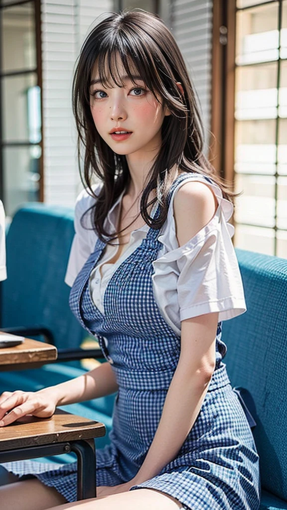 masterpiece, Please redeem, Ultra-high resolution, (Photo-realistic:1.6), One Girl,  (Round face:1.3),(Gingham check suspender apron:1.3), (Plain Blue High Waist Skirt:1.3), (Apron over skirt:1.2), (White blouse:1.3), (Double-breasted,Underbust:1.2), Short sleeve, Button gap, (Plain blue night tie:1.2), baby face, Beautiful body, Normal chest, Beautiful thighs, Beautiful legs, Camel Toe, (Smooth Skin:1.1), Dynamic pose, (Chest:1.2), Cafe, restaurant,Cleavage、slouch、Large Breasts、Slouch pose