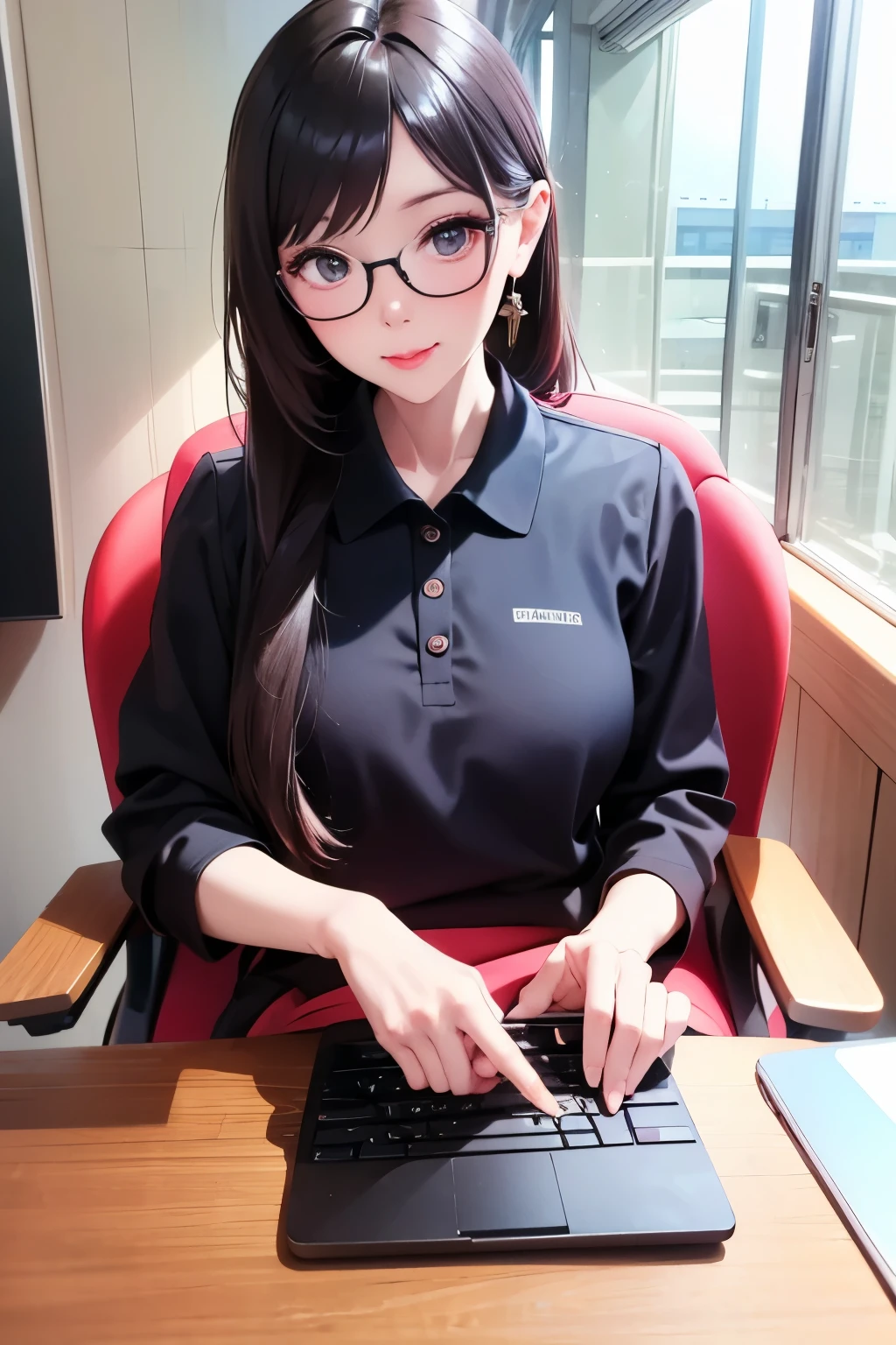 (POV). The beautiful (nations) royal-queen with (hairstyle), eyeglasses. Dressing in (colouring) royal-queen polo shirt. She is lean or sit in the desk of government office, luxury bag and laptop .