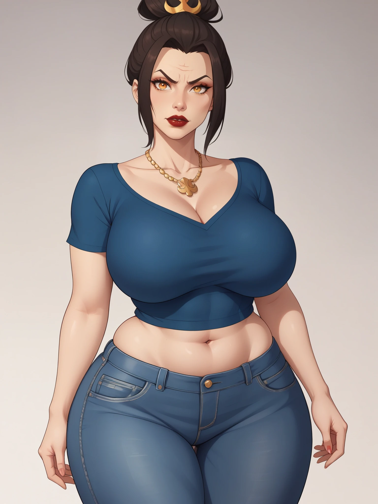 Azula. (beautiful, mature, tanned, amber eyes and a bbw girl. Azula's makeup consists of mascara and red lipstick. Azula also has wavy dark brown hair down to the middle of her back with two additional strands above her shoulders. huge saggy breasts. huge hips. necklace. bow. anger. red-blue shirt. jeans. bar