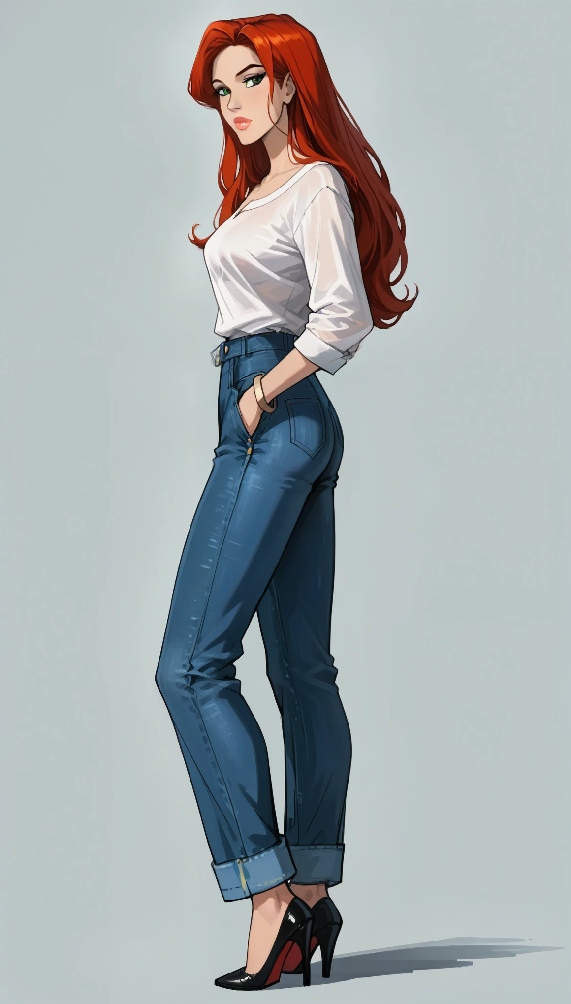 score_9, score_8_up, score_7_up, 1girl, solo, very sexy mature (Jean Grey, Evolution, long hair, red hair, green eyes, retro artstyle:1.3), tight trousers, loose blouse, heels, (beautiful waifu, thicc, long legs:1.4), flirt, gaze, sexy look, half-closed eyes, head tilt, filled lips, thick lips, makeup, side view, (full bodies in view) expressiveh d4rk01l, perfect hands, perfect proportions, simple background, (ultra-detailed), (detailed face:1.2).