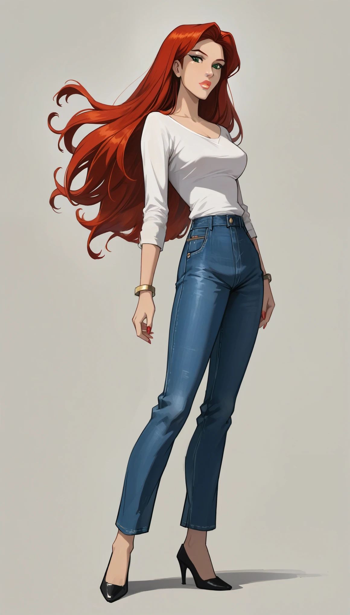 score_9, score_8_up, score_7_up, 1girl, solo, very sexy mature (Jean Grey, Evolution, long hair, red hair, green eyes, retro artstyle:1.3), tight trousers, loose blouse, heels, (beautiful waifu, thicc, long legs:1.4), flirt, gaze, sexy look, half-closed eyes, head tilt, filled lips, thick lips, makeup, side view, (full bodies in view) expressiveh d4rk01l, perfect hands, perfect proportions, simple background, (ultra-detailed), (detailed face:1.2).