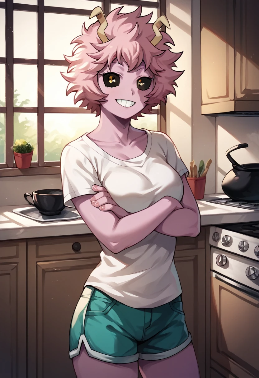 score_9, score_8_up, score_7_up, score_6_up, score_5_up, score_4_up, source_anime, 1girl, worth, mina ashido, smile, 1girl, solo, pink hair, default hair, messy hair, black eyeball, yellow eyes, pink skin, white shirt, shorts, looking at the viewer, crossed arms, rooms, kitchen, long window, evening, apartment, best quality, best res, 4K UHD,
 