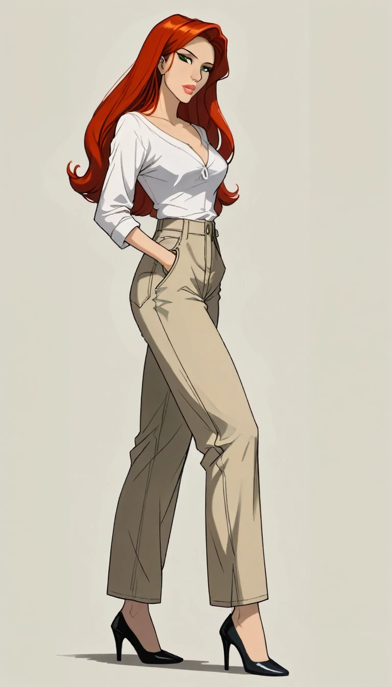 score_9, score_8_up, score_7_up, 1girl, solo, very sexy mature (Jean Grey, Evolution, long hair, red hair, green eyes, retro artstyle:1.3), sexy trousers, loose blouse, cleavage,  heels, (beautiful waifu, thicc, long legs:1.4), flirt, gaze, sexy look, half-closed eyes, head tilt, filled lips, thick lips, makeup, side view, (full bodies in view) expressiveh d4rk01l, perfect hands, perfect proportions, simple background, (ultra-detailed), (detailed face:1.2).