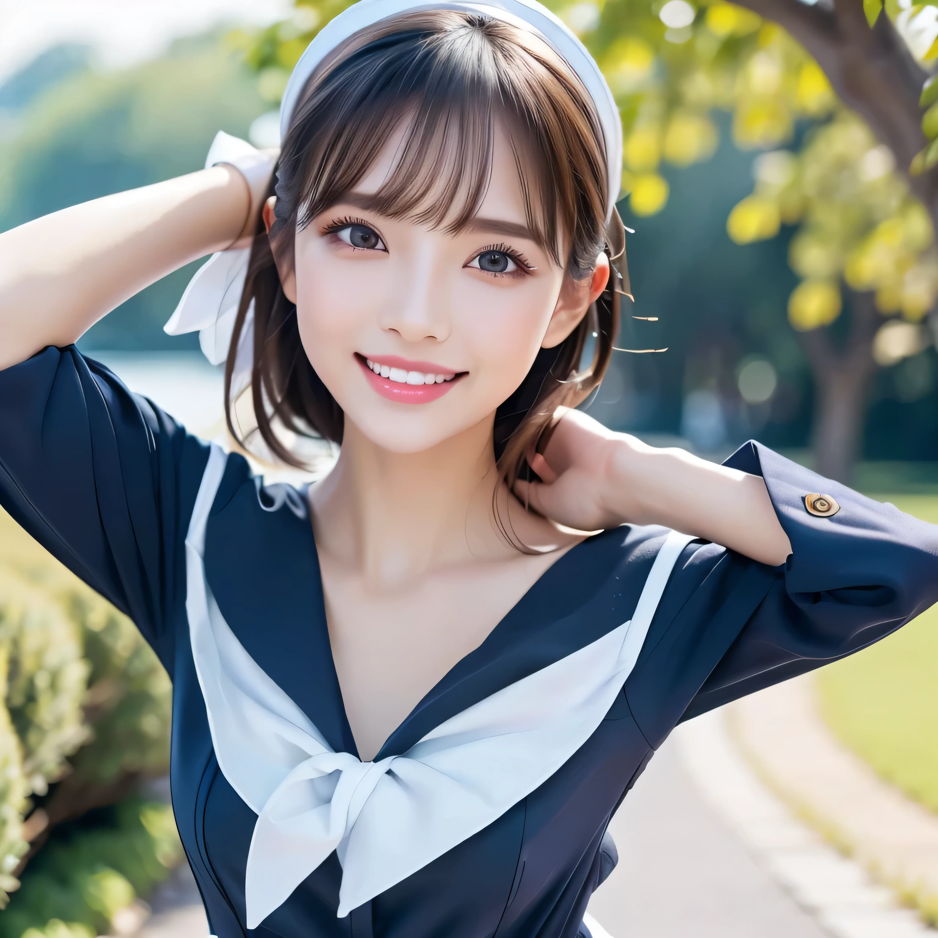 (Please redeem、Tabletop、8k、Highest quality、Award-winning works)、1 female、(The perfect navy blue sailor suit、mini skirt:1.3)、Look at me with your best smile、(Very tight fitting dress for a perfect fit:1.1)、(Beautiful park background strongly blurred:1.1)、The most natural and perfect beauty park、A perfectly maintained park、Standing Elegantly、A refreshing view、Natural Makeup、Beautiful face in ultra-high definition、(Ultra High Resolution Perfect Teeth:1.1)、Ultra HD Hair、Ultra-high definition and shining eyes、(Ultra-high resolution glossy skin:1.1)、Ultra High Resolution Gloss Lip、(Accurate anatomy:1.1)、(Very bright and vivid:1.3)、(Bright and beautiful skin:1.3)