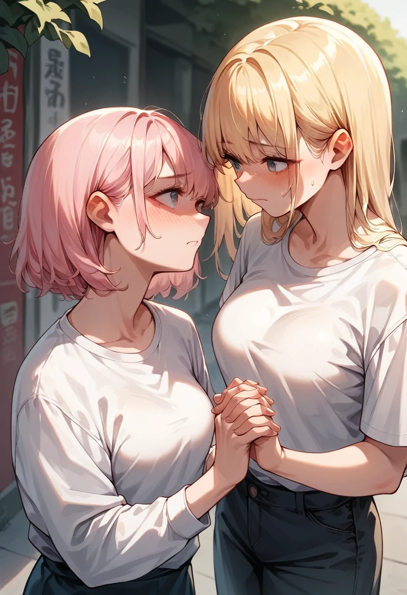 Two women having fun in an alleyway, lesbian: 1,1, hug from behind, blushing, off-the-shoulder cut-and-sew, shorts, anatomically correct, tilting face to kiss neck, sweat, touching panties
