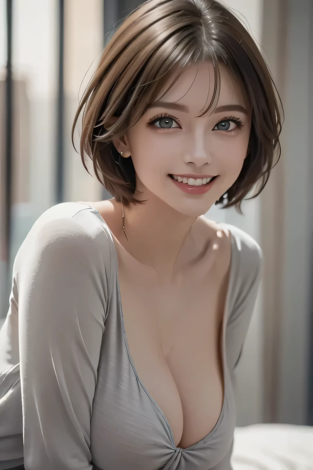 (8k Ultra HD、RAW photograph、Model photo shoot、masterpiece, Best Quality, photoGenuineistic, High resolution, photograph: 1.3), concentrate, Hot Models, (1. Mature Woman)、short hair、Dark Brown Hair、Beautiful eyes details、((Big Breasts)), Genuine Skin, Grin, (Perfect body), Sexy hot face, Erotic, Sexual perspective, Sweat top, Beautiful eyes details、Glossy lips, Bright light、Dynamic lighting、Genuine、Super Genuine、 Genuineism、Genuineistic details, Cool Beauty、Cool pose、The background is gray、Simple Gray Background