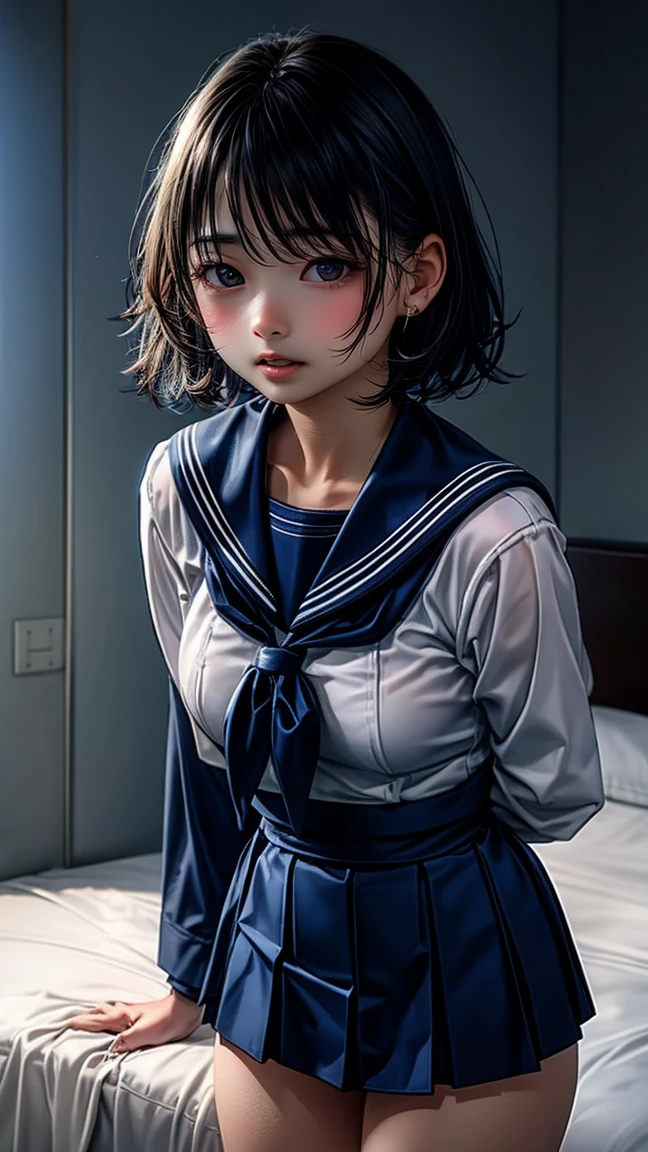 High resolution, Highest quality, super high quality, Very detailed, 8K、(underwear:1.2)、、Embarrassing、Sweaty、Sweat、Embarrassing、(masterpiece:1.2, Highest quality), (Realistic, photoRealistic:1.4), Beautiful illustrations, (Natural Side Lighting, Cinema Lighting), View your audience, whole body, 1 Girl, Japanese, high school girl, Perfect Face, Cute and symmetrical face, Shiny skin, Baby Face, (short hair, Low Twintails,Black Hair), Hair between the eyes, black eye, Big eyes, Droopy eyes, (Center of chest, Captivating thighs, Big Ass)、