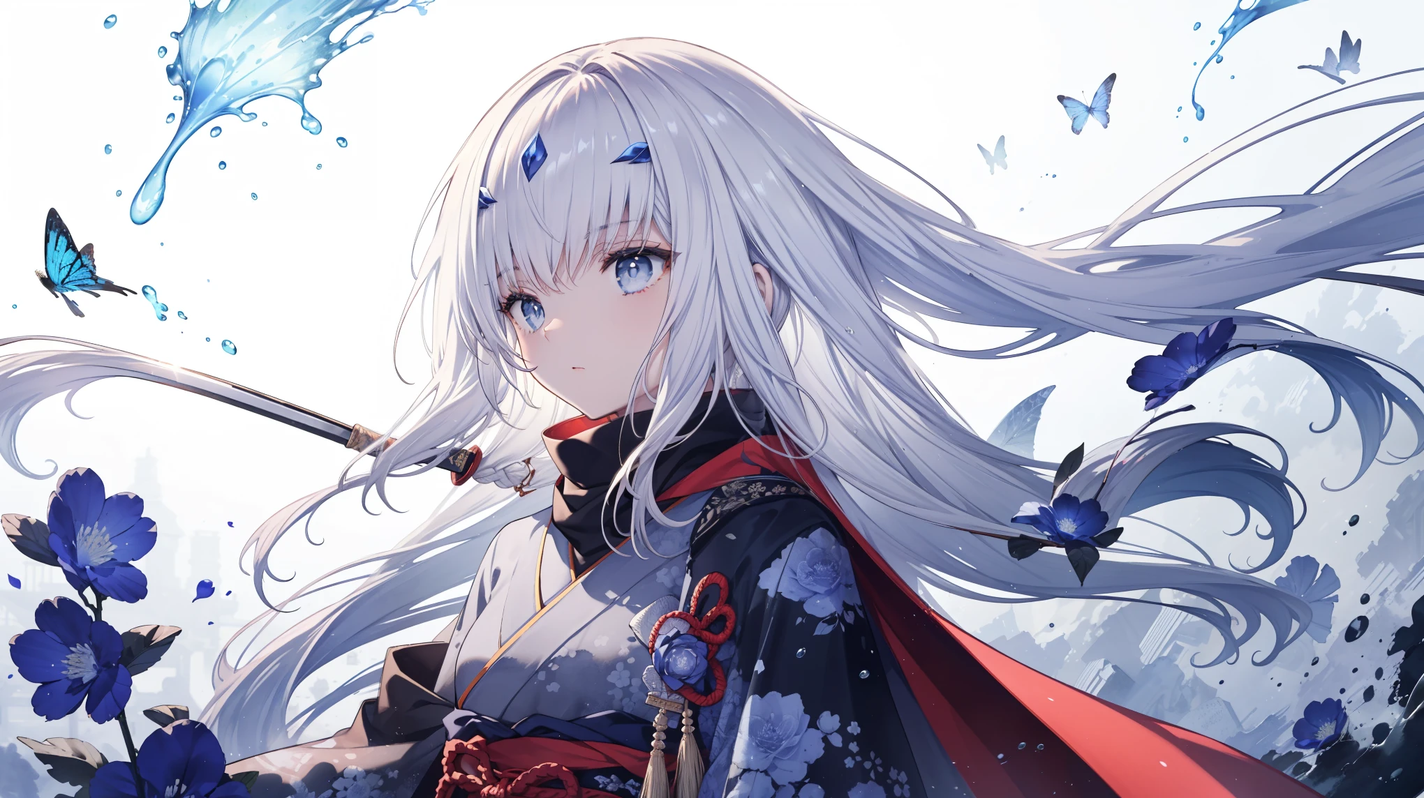 High image quality, masterpiece, Delicate Hair, Delicate eyes, Delicate Hair, ((masterpiece, 最High image quality)), High image quality, masterpiece, Delicate Hair, Delicate eyes, One Girl,(Gray Hair)),blue eyes,Daikon,Long Hair,Dragon Horn,(Japanese sword),(loose Long Hair),((Black Cape)),(Bidirectional),scarf,Master Swordsman, Blue moon floating in the sky,night,Floating blue flowers fall,Remains of upper body,Strong Shadows,Ash,,ice,((Ink wAsh painting)),((ink splAshing)),((color splAshing)),