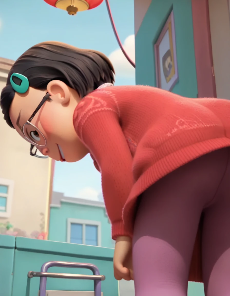 light smile, shy, blush, small hips, 

m_l, 1girl, child, small_body, brown eyes, short hair, black hair, glasses, mint hairpin, 
Red Cardigan,
Purple wool Leggings pants, 
Blue Pleated Skirt,
Gothic Lace Choker,
White Skechers,

score_9, score 8, score 7, score 6,

1 girl, flat chest, source_cartoon, toony, screencap, 3d, 

looking on viewer, back view, bent over, from below, upskirt close up, 