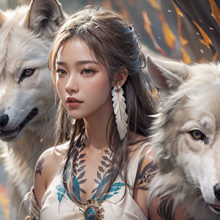 Shirakami-Sanchi、Hair flow、 ((Highest quality、masterpiece、8K、Best image quality、Ultra-high resolution、Award-winning works)、(Accurate anatomy:1.1)、(Look at me and smile:1.1)、Shining fair skin with Ultra-high resolution、The most detailed face、Ultra-high resolution detailed face、Ultra-high resolutionの髪の毛、(Ultra-high resolutionの煌めく瞳:1.1)、Beautiful face drawn in every detail、(Blurred Background:1.1)、Native American white costume, American Indian Clothing, Chest to chest, tattoo、A real giant condor next to you。Observe the white wolf