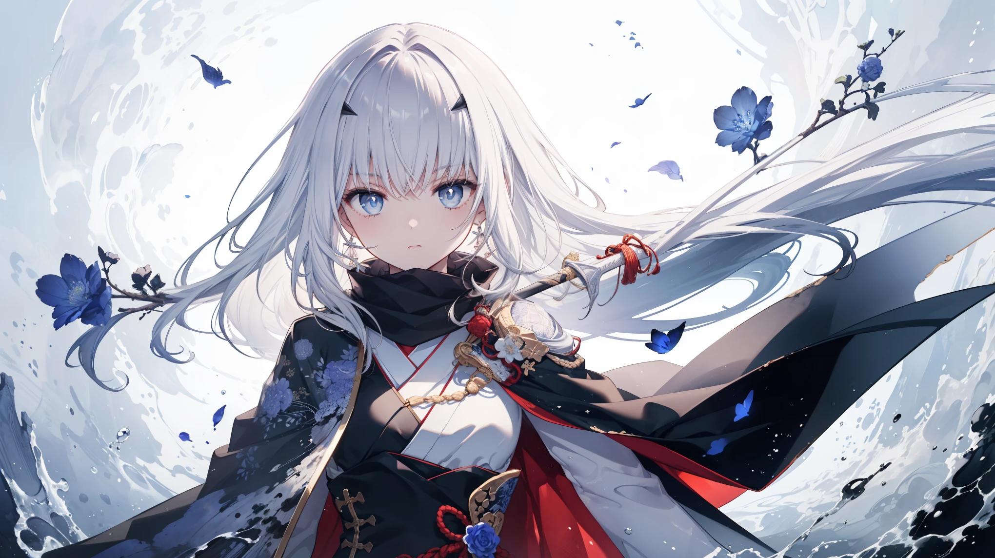 High image quality, masterpiece, Delicate Hair, Delicate eyes, Delicate Hair, ((masterpiece, 最High image quality)), High image quality, masterpiece, Delicate Hair, Delicate eyes, One Girl,(Gray Hair)),blue eyes,Daikon,Long Hair,Dragon Horn,(Japanese sword),(loose Long Hair),((Black Cape)),(Bidirectional),scarf,Master Swordsman, Blue moon floating in the sky,night,Floating blue flowers fall,Remains of upper body,Strong Shadows,Ash,,ice,((Ink wAsh painting)),((ink splAshing)),((color splAshing)),