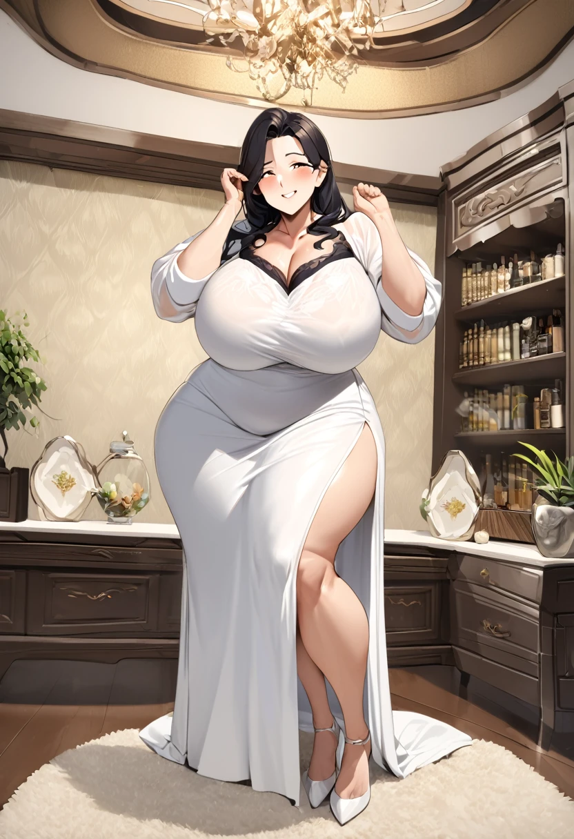 mature woman,The alluring housewife,Black hair,rich house,mature curves body,straight hair,Relaxed face,White Shirt Blouse,laborious,Tight white skirt that reveals the body, sexy bbw, A body of great curves, Full body pose