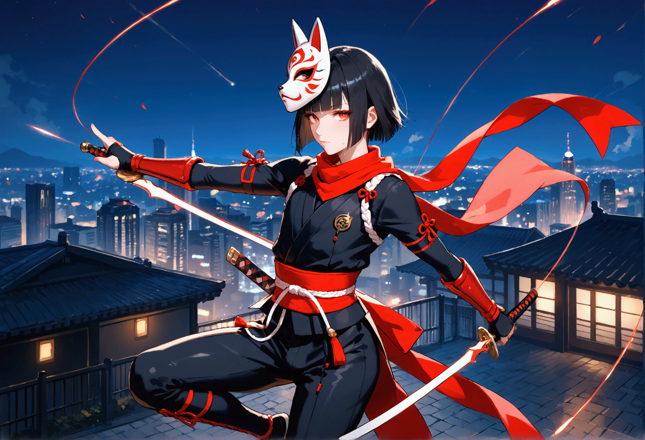 core_9, score_8_up, score_7_up, Very beautiful boy,The moment to jump,Strike a Pose,Dynamic Photography,Fox Mask,Ninja Mask, Ninja clothing,Red scarf,kunai,Japanese sword,Black Hair,,Semi-long,Hime cut,Night cityscape,Rooftop,Unreal beauty,Captivating eyes, femboy, trap,Sweating,Beautiful Shadows,Best Quality, (Intricate details), Cinematic Light,Ray Tracing