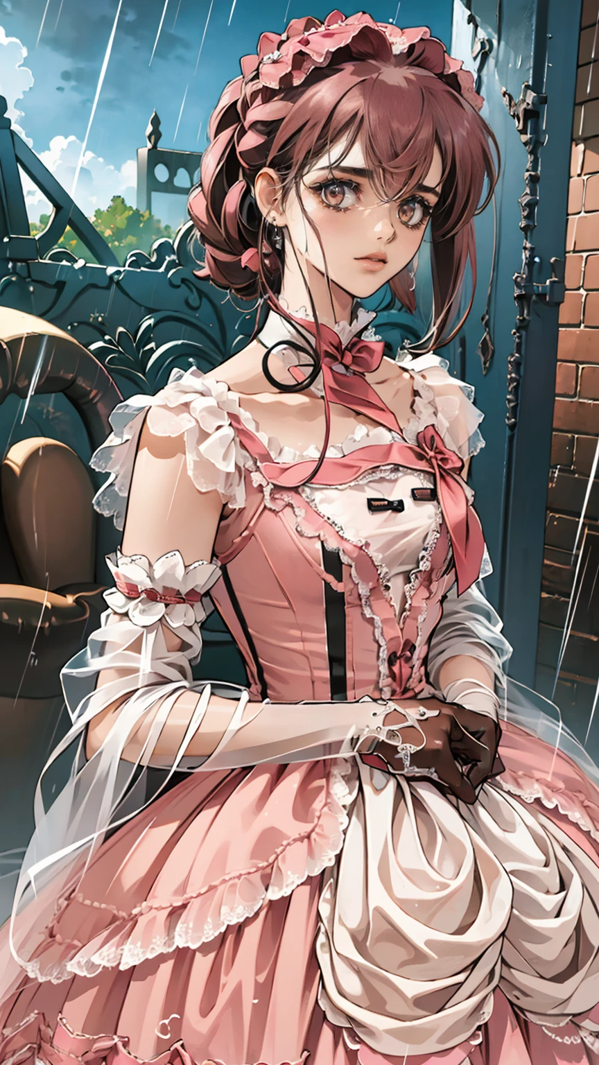 (Highly detailed eyes), (((Fabric Shading))), (((Please redeem))), (((Tabletop))), (((Super fine CG))), Written boundary depth, ******, (((Magical Girl))), (small), (small breasts), Pink Hair, ((short hair)), Pink Eyes, (((Pink satin dress, Sleeveless satin dress))), Pink satin skirt, Pleated skirt, ((Elbow Gloves)), Long gloves, White satin gloves, White garter belt, White satin knee socks, White satin color, Pink satin ribbon on chest, (((Highly detailed and super shiny satin garment))), (((Ultra-shiny, smooth satin gloves))), (((Game CG))), ((Nearby sky, Old ruins)), ((Heavy latex rain)), ((Narrow Passage)), (Manly, anger, discovery, side)