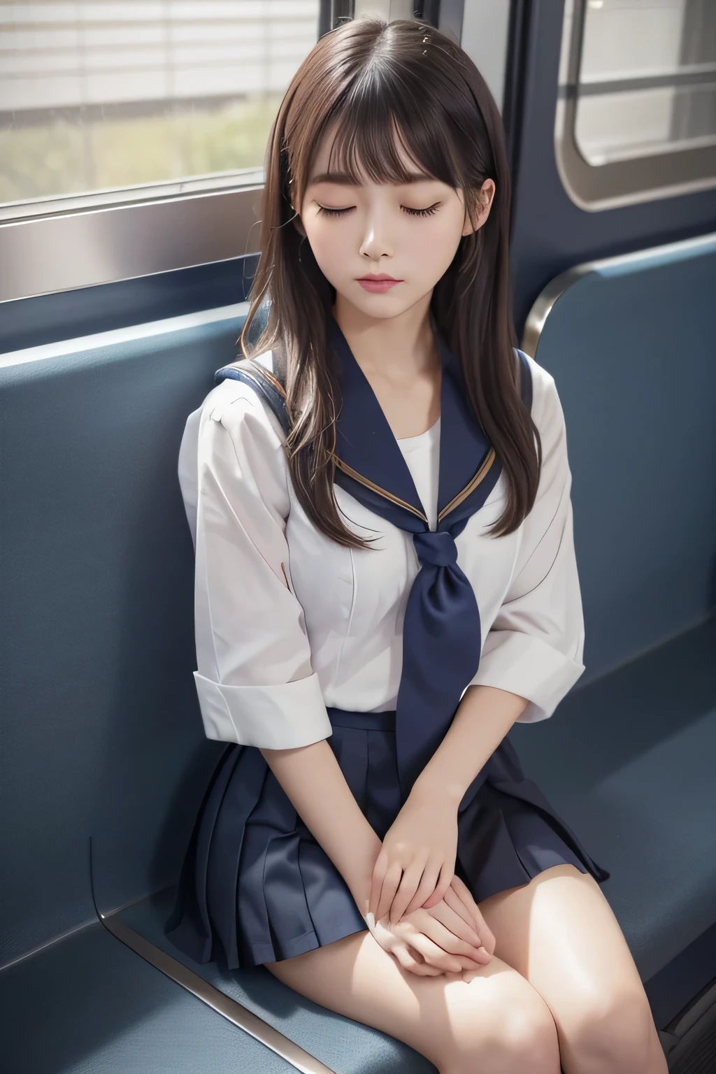 (realistic:1.3), face with shadow, Depth of written boundary, school uniform,
beautiful detailed illustrations,great art,(((very detailed))),
1 girl sitting,bangs,high school girl,sleep,close your eyes,white panties,skirt,
cowboy shot,from before
,(((very detailed))),in the train, a young woman is sleep contentedly. Through the gap between her legs and skirt, I can see her panties. Because the car is shaking, Calm facial expressions and gentle breathing create a calm atmosphere...
,(((very detailed)))