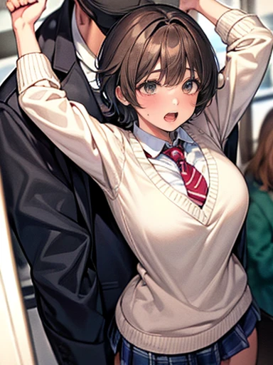 school girl,((( chikan))),( train),( large size breasts),( girl's hands on own breasts),(( shirt lift)),((( girl's shirt grab with  both hands))),((( nipples))),(( upper body)),(( blush, afraid, surprised)),open mouth,(( looking down)), ,(((( man is grabbing girl's shirt with both hands from behind)))), rape