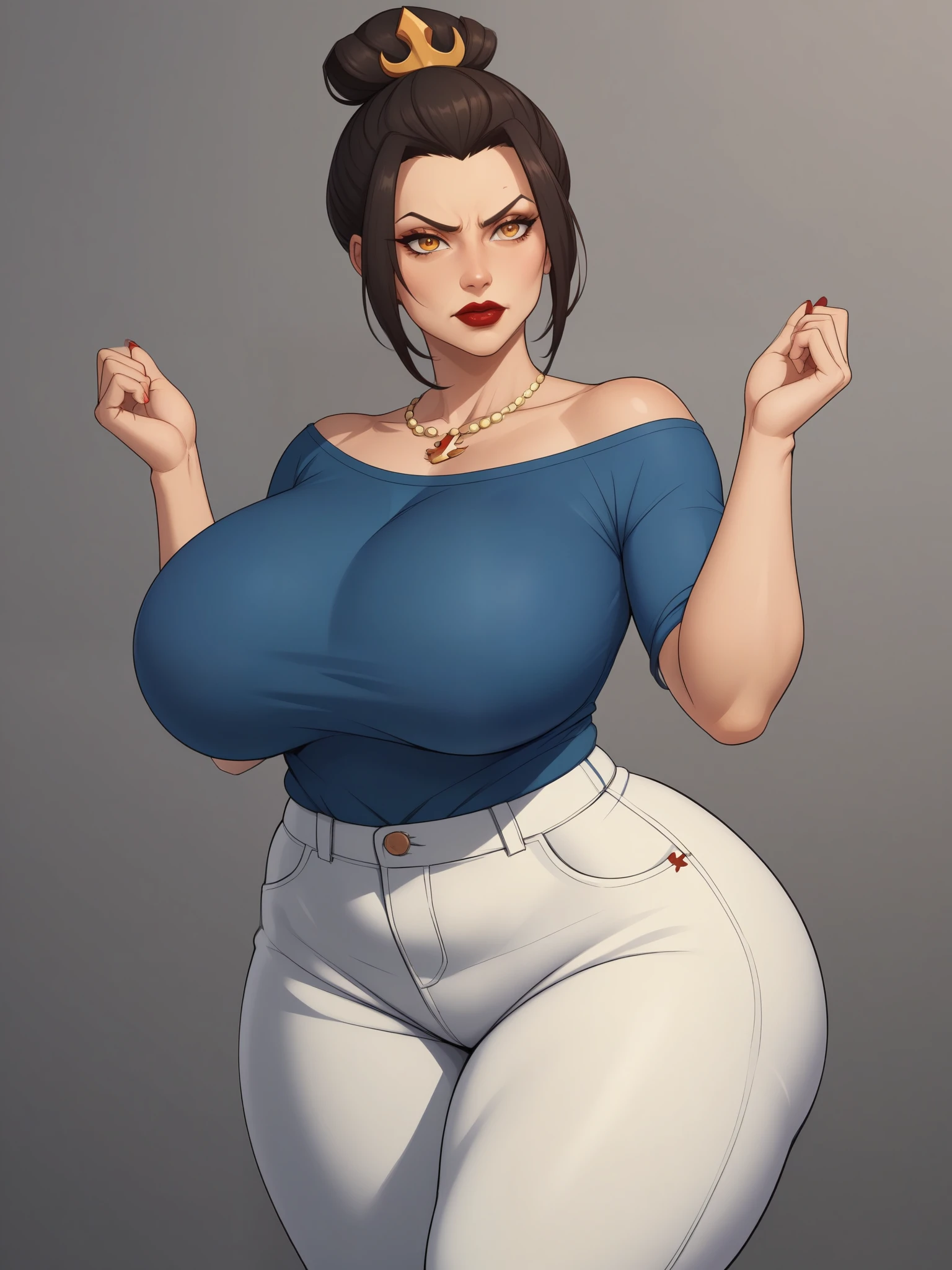 Azula. (beautiful, mature, tanned, amber eyes and a bbw girl. Azula's makeup consists of mascara and red lipstick. Azula also has wavy dark brown hair down to the middle of her back with two additional strands above her shoulders. huge saggy breasts. huge hips. necklace. bow. anger. red-blue shirt. jeans. bar