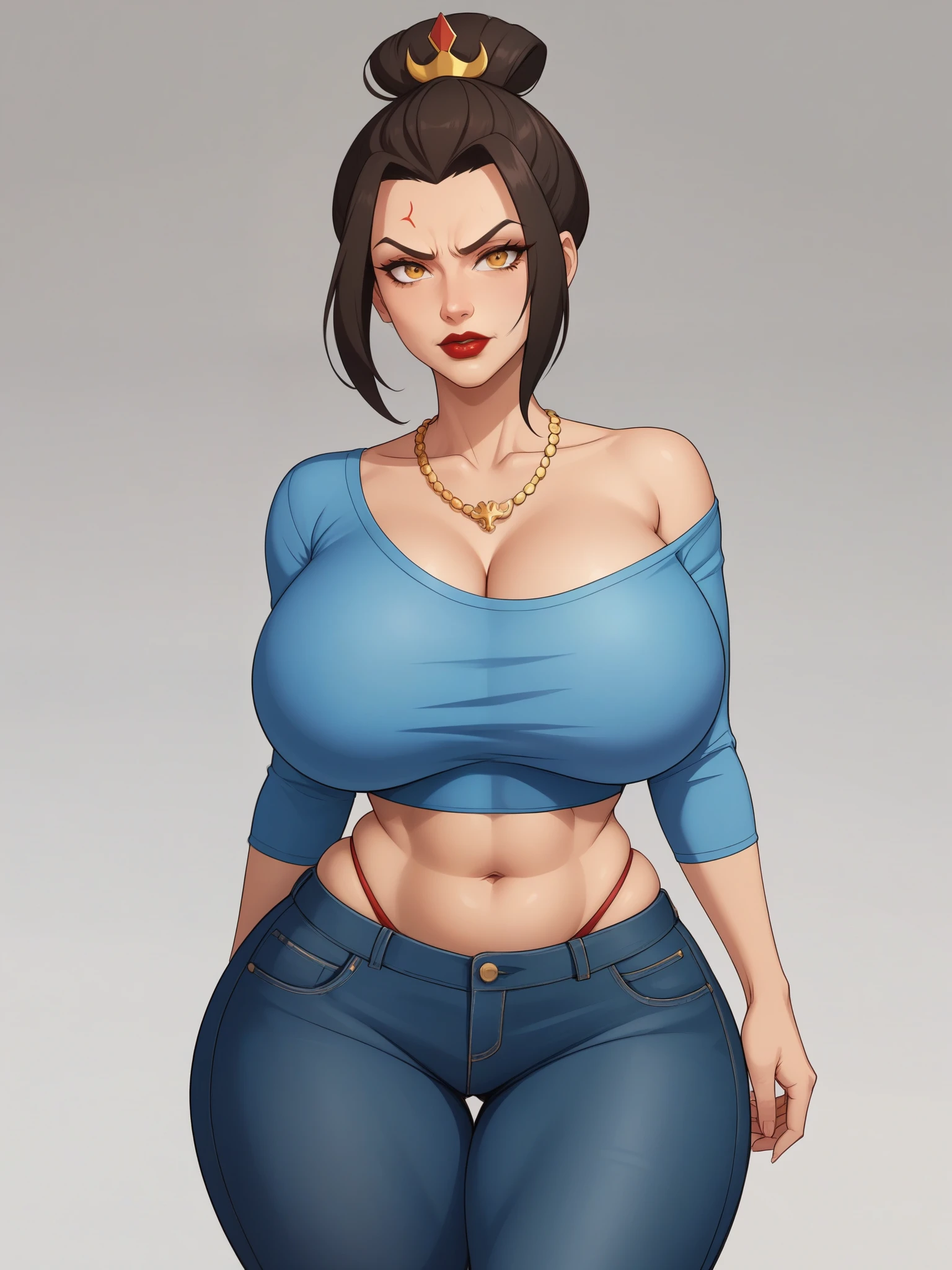 Azula. (beautiful, mature, tanned, amber eyes and a bbw girl. Azula's makeup consists of mascara and red lipstick. Azula also has wavy dark brown hair down to the middle of her back with two additional strands above her shoulders. huge saggy breasts. huge hips. necklace. bow. anger. red-blue shirt. jeans. bar