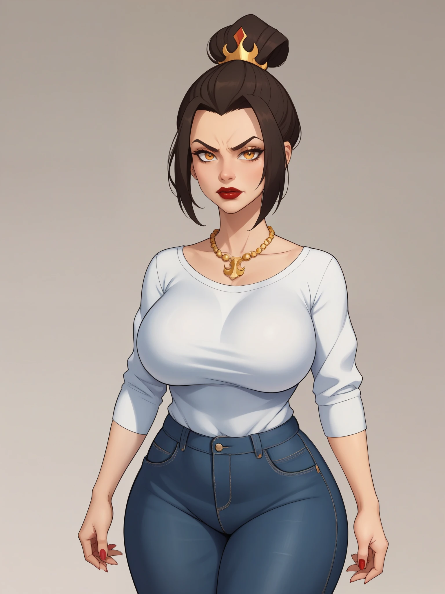 Azula. (beautiful, mature, tanned, amber eyes and a bbw girl. Azula's makeup consists of mascara and red lipstick. Azula also has wavy dark brown hair down to the middle of her back with two additional strands above her shoulders. huge saggy breasts. huge hips. necklace. bow. anger. red-blue shirt. jeans. bar