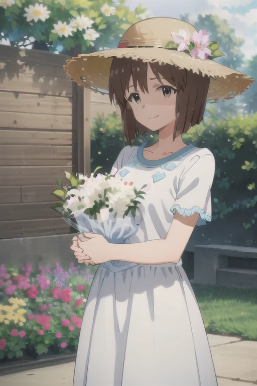 (((Pixel Perfect, Details - Perfect))), Alone, One girl, yukiho hagiwara, White Dress, Short sleeve, Staring at me, Watching the audience, smile,garden,Soft Light,Big straw hat