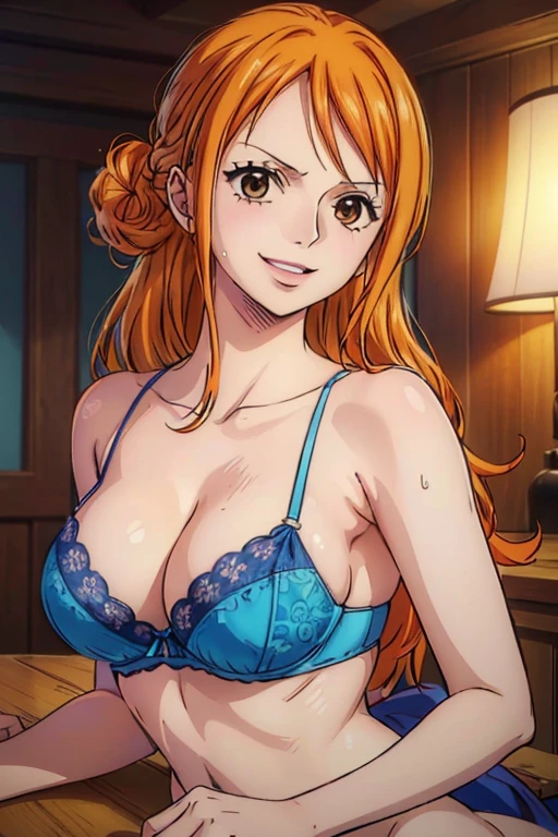  (Best Quality, 4K, 8k, High resolution, masterpiece:1.2), Super detailed, (Realistic, photoRealistic, photo-Realistic:1.37) ,Generate a realistic anime style of Nami from One Piece,Must be made in an anime style,A girl with very pale orange-yellow hair,Chignon,Beautiful brown eyes,Beautiful sea,smile,Beautiful Hair ,Large Breasts,(Blue lingerie nsfw:1.4),アートスタイルはCharmingなアニメスタイルに似ている. rendering. To enhance the visual effect, Add HDR, 超High resolution, Studio Lighting, Ultra-fine painting, Sharp focus, 物理ベースrendering, Very detailed explanation, professional, Vibrant colors, ボケはなく安定拡散professionalンプトを、Please enter as is, Do not use prefixes or punctuation marks,Her hair is bright orange、Nami tattoo on left shoulder、(((Best Quality))), ((Super detailed)),((masterpiece:1.5)), Detailed Photos, smile, sexy, (Best Quality: 1.4), (One Girl), Beautiful Face, (Orange Hair, Long Hair: 1.3), Beautiful Hairstyle, Beautiful details in the eyes, (Realisticな肌), Beautiful Skin, Beautiful lipstick,Beautiful Lips,Absurd, Charming, 超High resolution, High image quality, (Sexually excited:1.5),Perfect fingers,Perfect limbs,Perfect Fingers