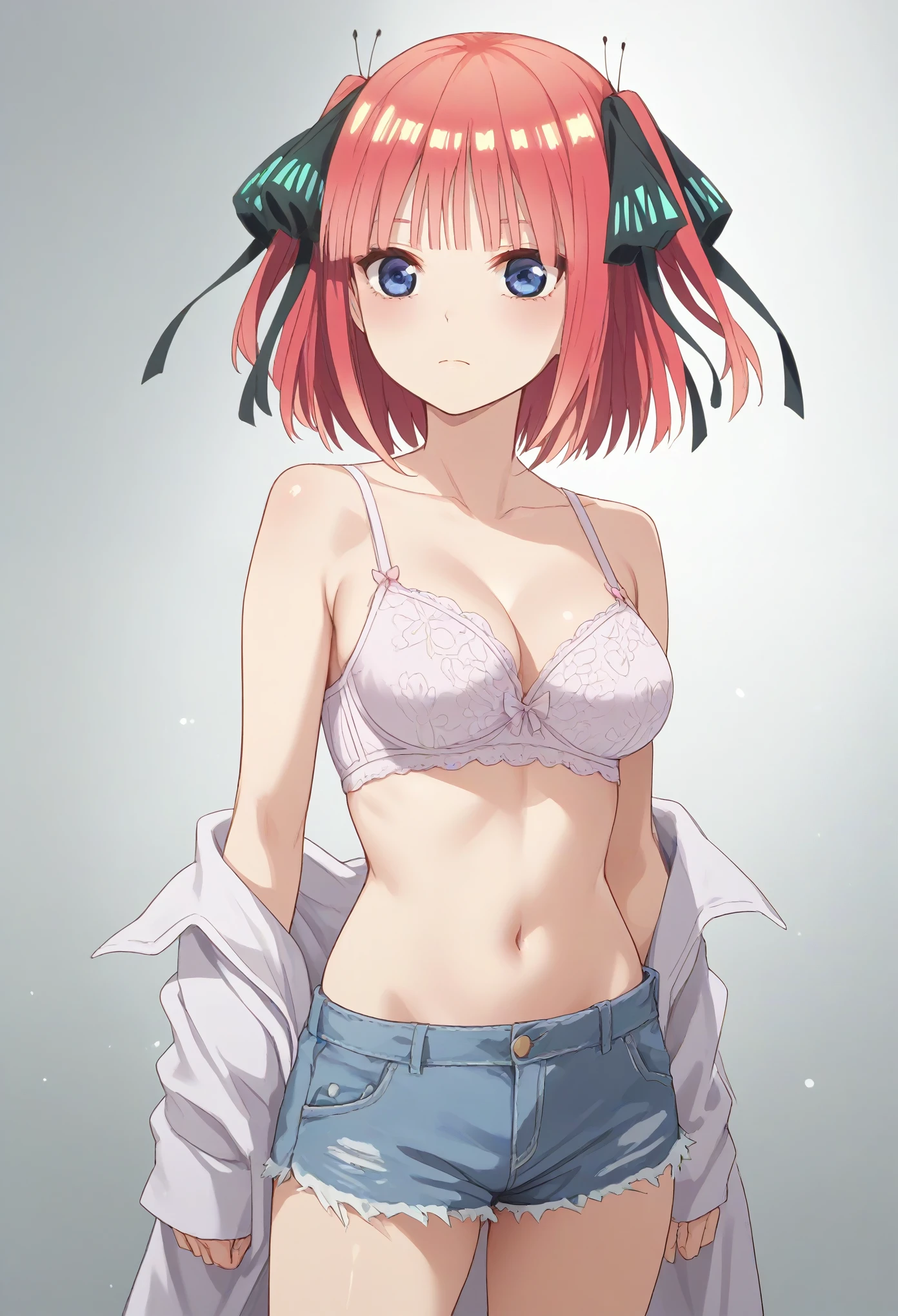 nino nakano, short hair, bangs, blue eyes, hair ornament, hair ribbon, pink hair, blunt bangs, two side up,large breast, butterfly hair ornament,shorts,undersaized bra
