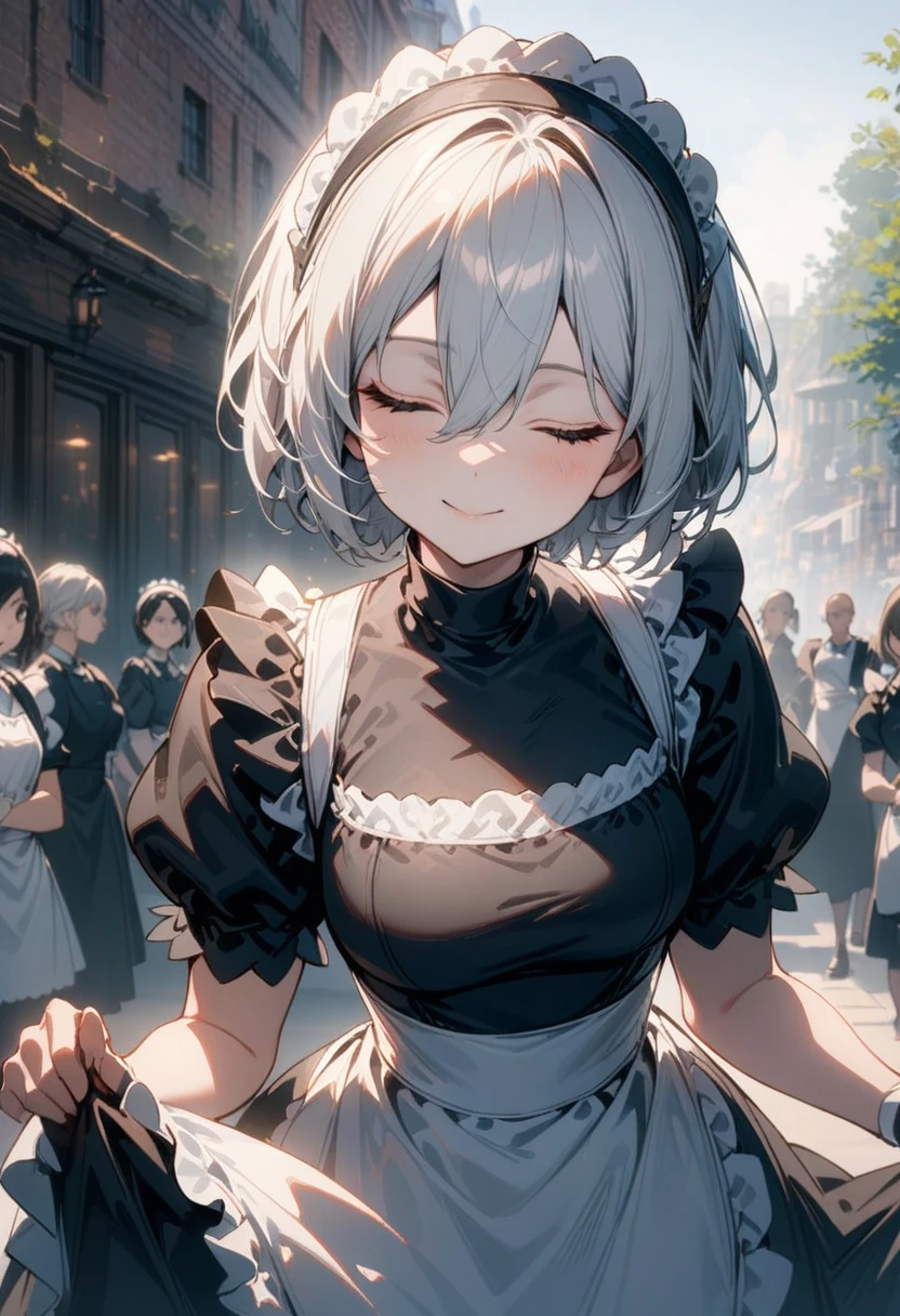 2b,One Woman,Alone, Maid headdress, Maid, apron, Short sleeve, dress, Mouth closed, white apron, Watching the audience, Maid apron, puffy Short sleeve, frills, Puff sleeves, black dress, frilled apron, Hair between the eyes, Outdoor, gentle smiling,Upper Body, masterpiece, Best Quality, Very aesthetic, Absurd