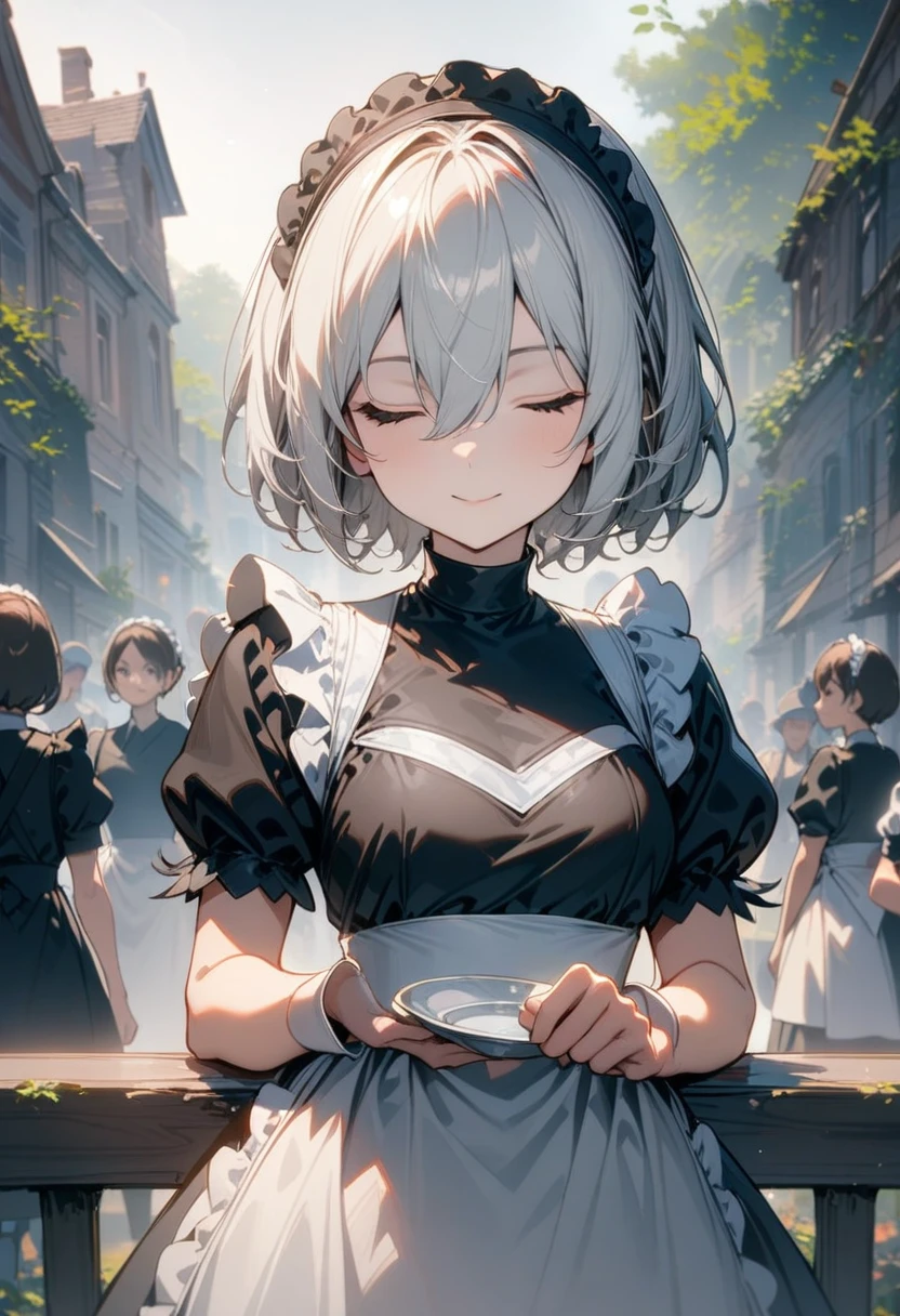 2b,One Woman,Alone, Maid headdress, Maid, apron, Short sleeve, dress, Mouth closed, white apron, Watching the audience, Maid apron, puffy Short sleeve, frills, Puff sleeves, black dress, frilled apron, Hair between the eyes, Outdoor, gentle smiling,Upper Body, masterpiece, Best Quality, Very aesthetic, Absurd